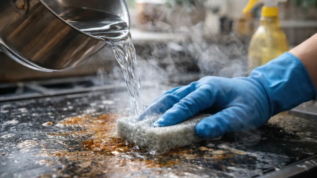 Profissional realizando limpeza doméstica profissional em cozinha moderna com produtos Serlimq em Salvador