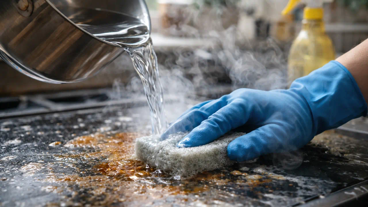 Profissional realizando limpeza doméstica profissional em cozinha moderna com produtos Serlimq em Salvador