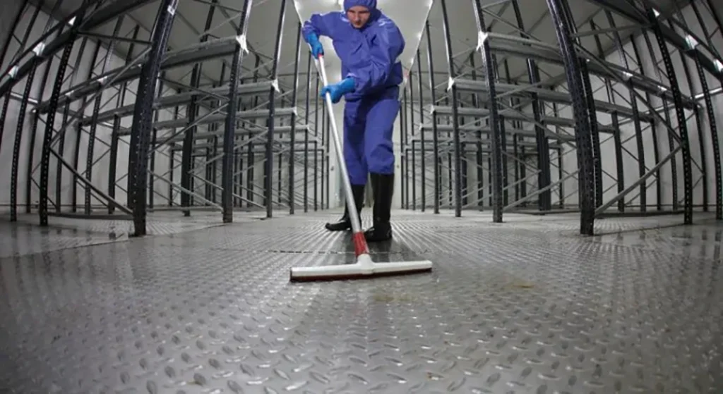 Profissional realizando a limpeza técnica de piso industrial com detergente desincrustante industrial em Salvador.
