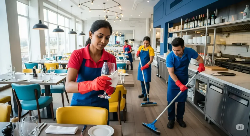 Equipe profissional realizando a higiene em cozinhas industriais de um restaurante em Salvador com produtos Serlimq.