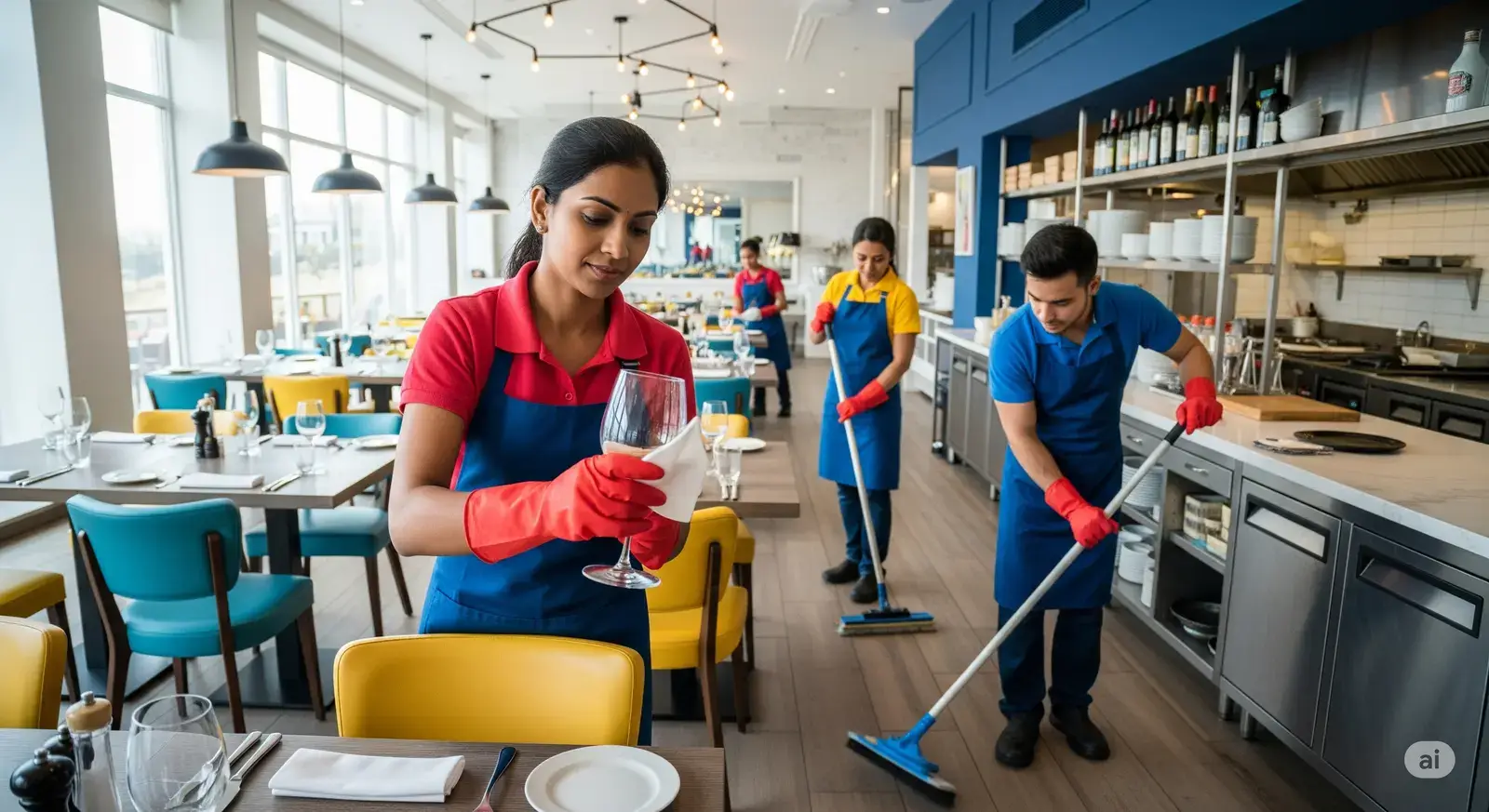 Equipe profissional realizando a higiene em cozinhas industriais de um restaurante em Salvador com produtos Serlimq.