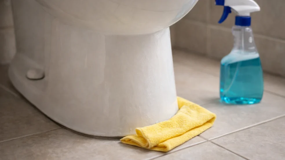 Como limpar banheiro encardido com foco na desinfecção do vaso sanitário e azulejos.