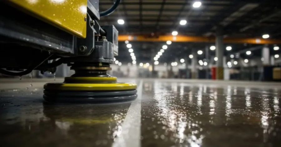 Maquinário industrial demonstrando como limpar piso de garagem encardido em galpão logístico