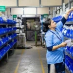 Funcionaaria conferindo a lista de materiais de limpeza para empresas em almoxarifado organizado.