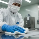 Técnico aplicando produto para demonstrar a diferença entre desinfetante e sanitizante em ambiente corporativo.
