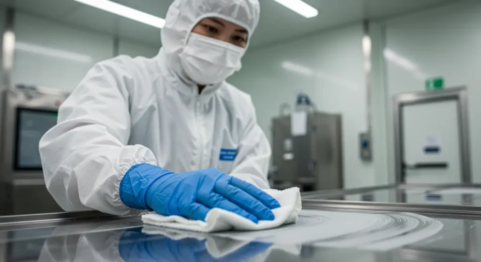 Técnico aplicando produto para demonstrar a diferença entre desinfetante e sanitizante em ambiente corporativo.