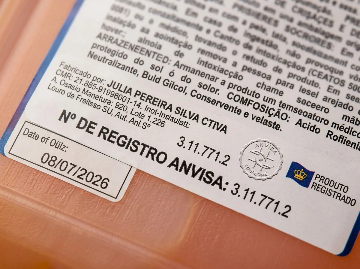 Rótulo de produto de limpeza com selo e número de registro ANVISA, garantindo conformidade