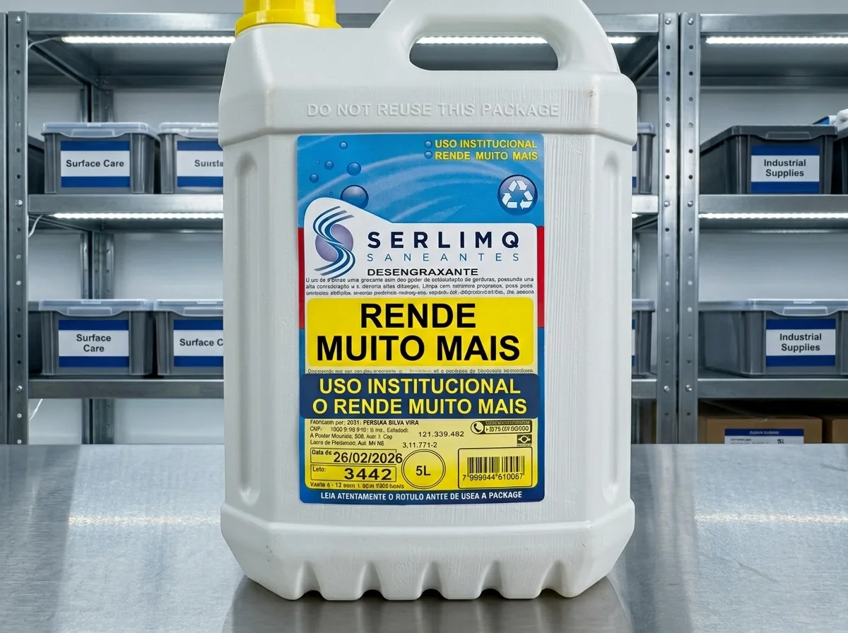 Close-up de desengraxante SERLIMQ 5L para oficinas mecânicas, rótulo destaca alto rendimento em ambiente organizado
