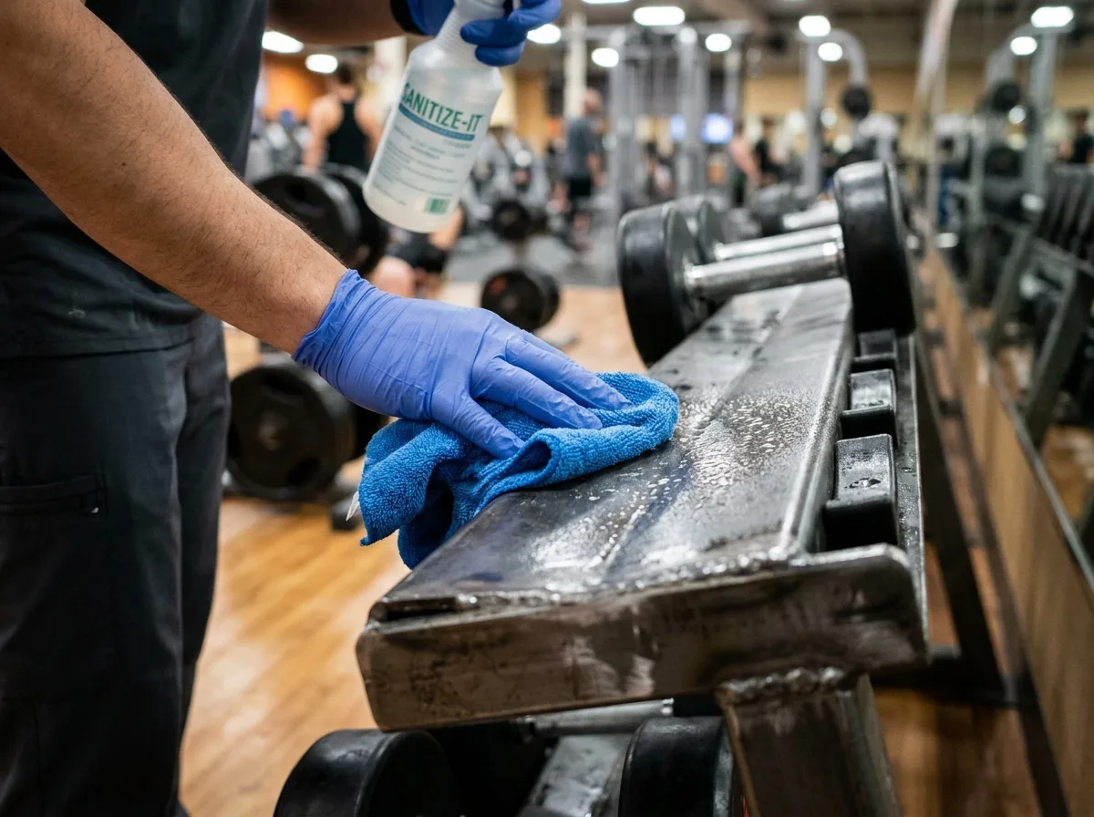 Mão com luva azul limpando equipamento de academia com spray e pano, mostrando a limpeza de academias e centros esportivos