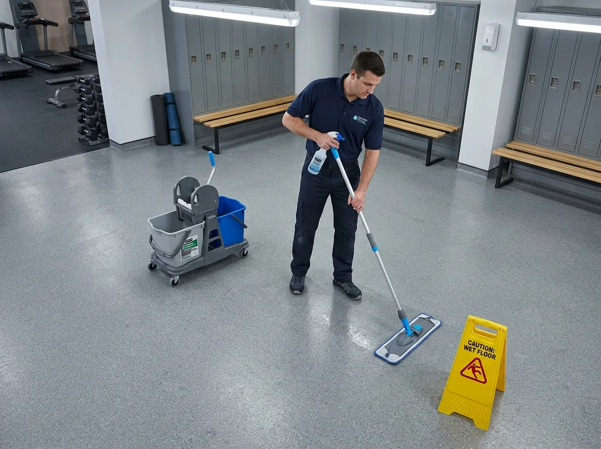 Profissional realizando limpeza de academias e centros esportivos, usando esfregão e spray em piso de vestiário