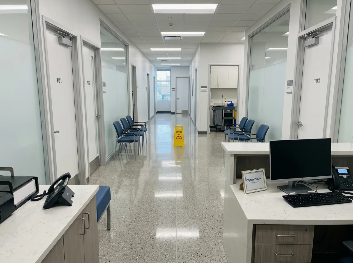 Corredor de clínica moderno com piso brilhante, cadeiras de espera e sinal de piso molhado