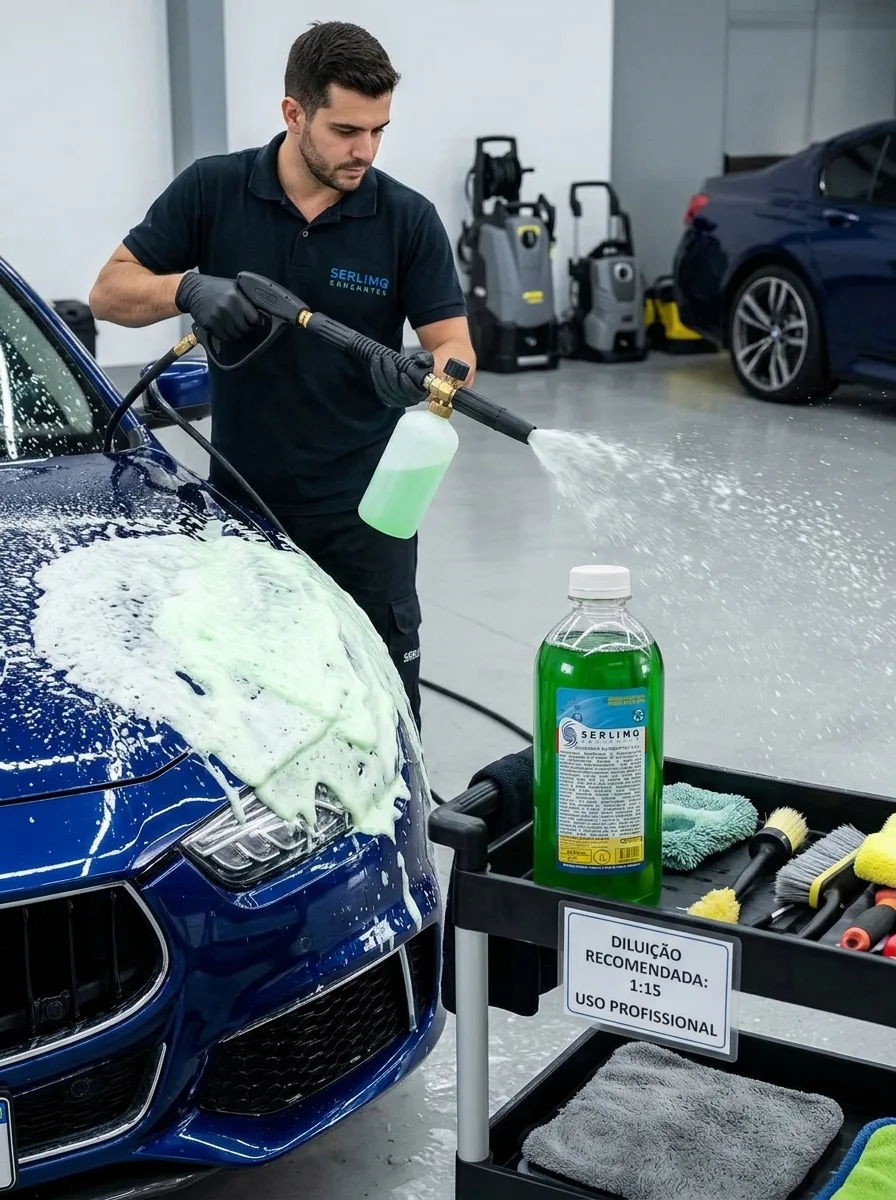 Profissional aplicando produtos limpeza lava-jato com máquina de espuma em carro azul
