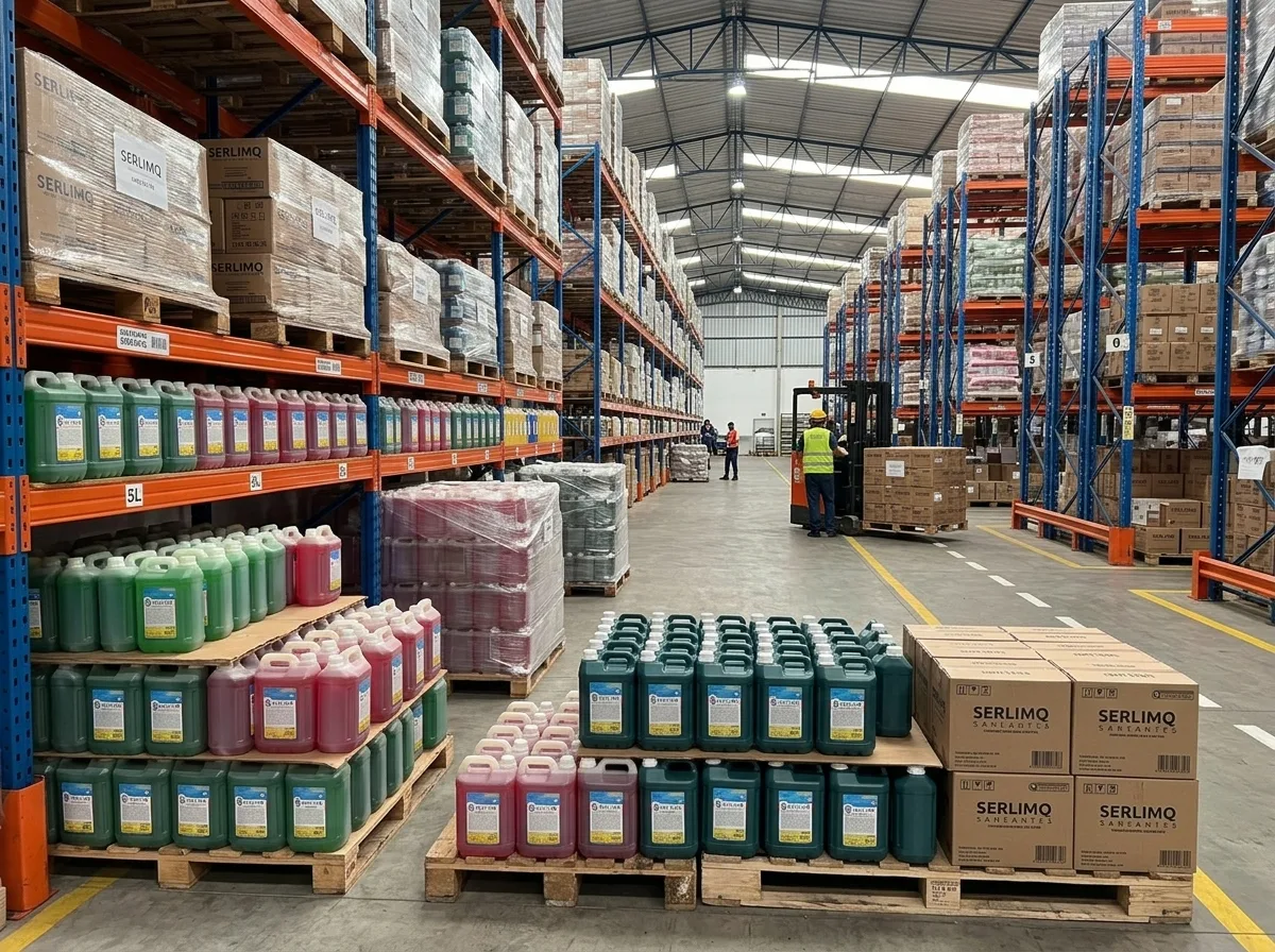 Armazém organizado com prateleiras cheias de produtos de limpeza Serlimq e empilhadeira