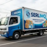 Caminhão Serlimq branco e azul em movimento, realizando entrega ágil de produtos de limpeza em rua, entrega ágil de produtos em Lauro de Freitas