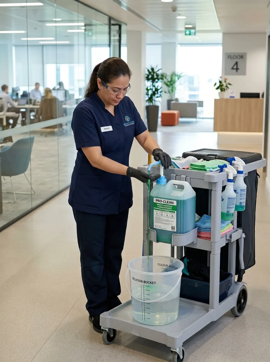 Profissional uniformizada dilui produto de limpeza concentrado em balde, em escritório moderno