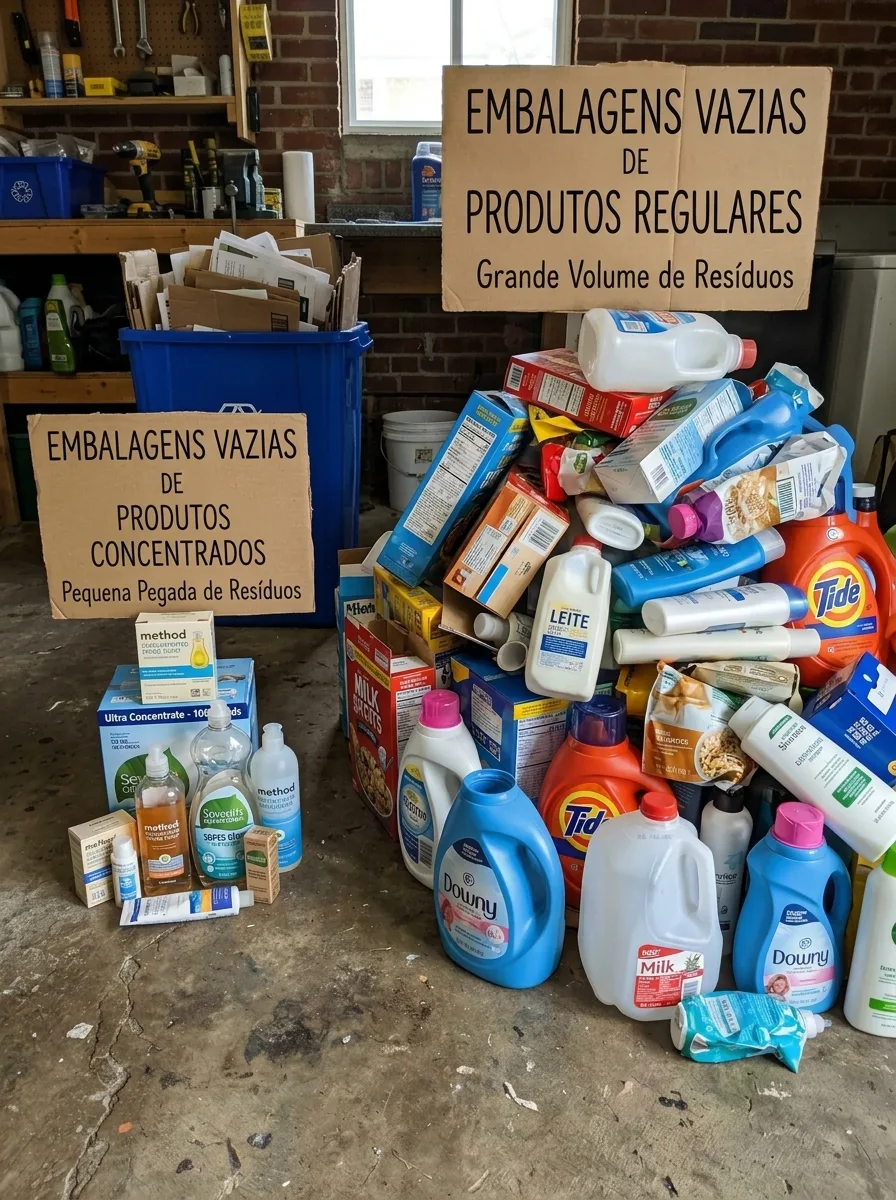 Pequena pilha de embalagens de produtos de limpeza concentrados ao lado de grande pilha de produtos regulares