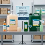 Garrafas de produtos de limpeza concentrados Serlimq e suas versões diluídas, comparando volume e rendimento, produtos de limpeza concentrados Lauro de Freitas