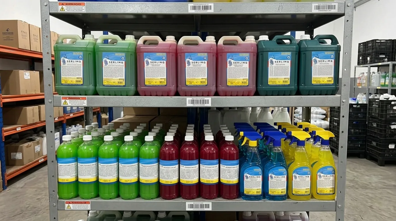 Diversos produtos de limpeza profissional Serlimo em galões e borrifadores numa prateleira de estoque