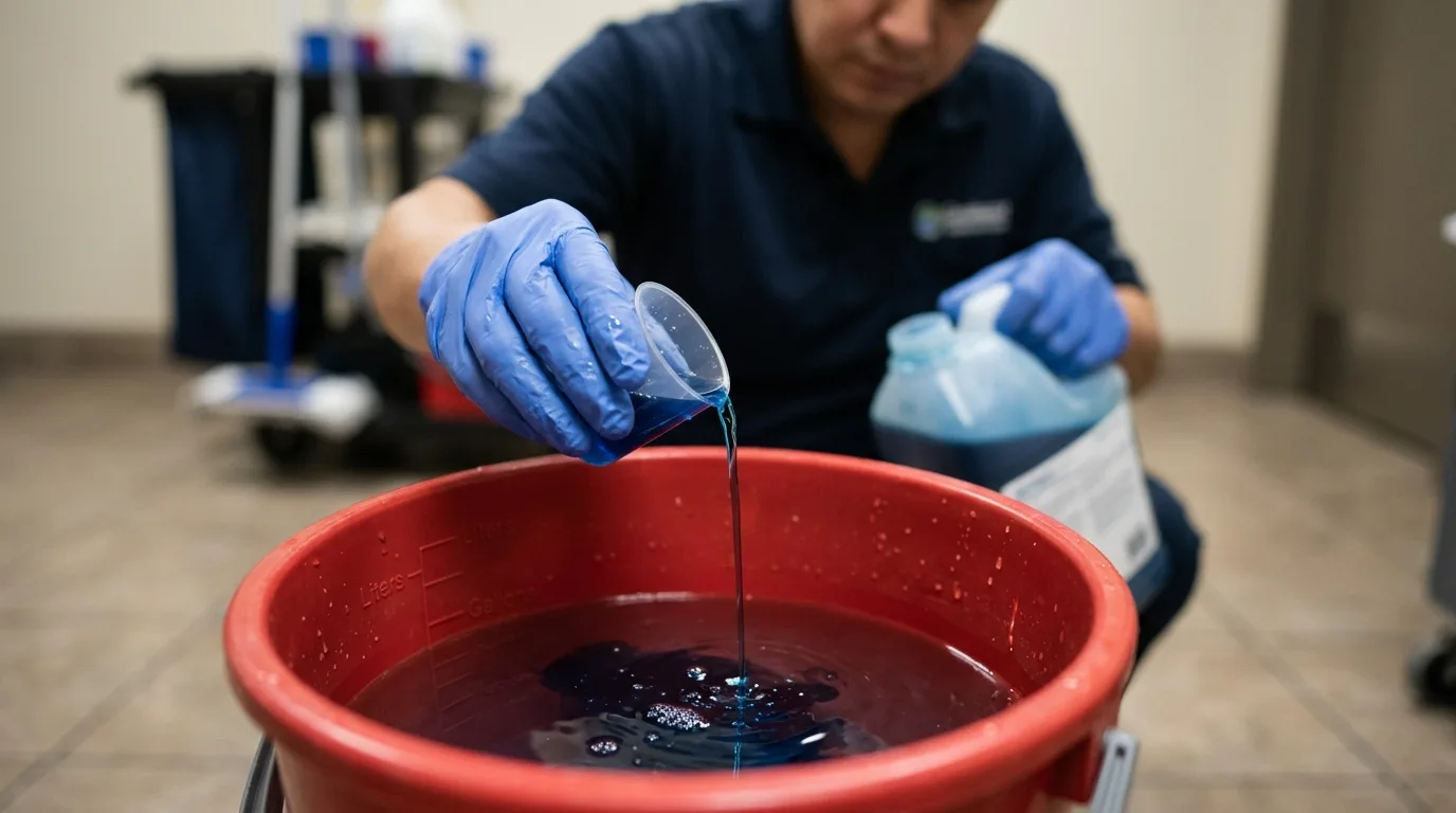Profissional de limpeza com luvas azuis diluindo produtos de limpeza concentrados em balde