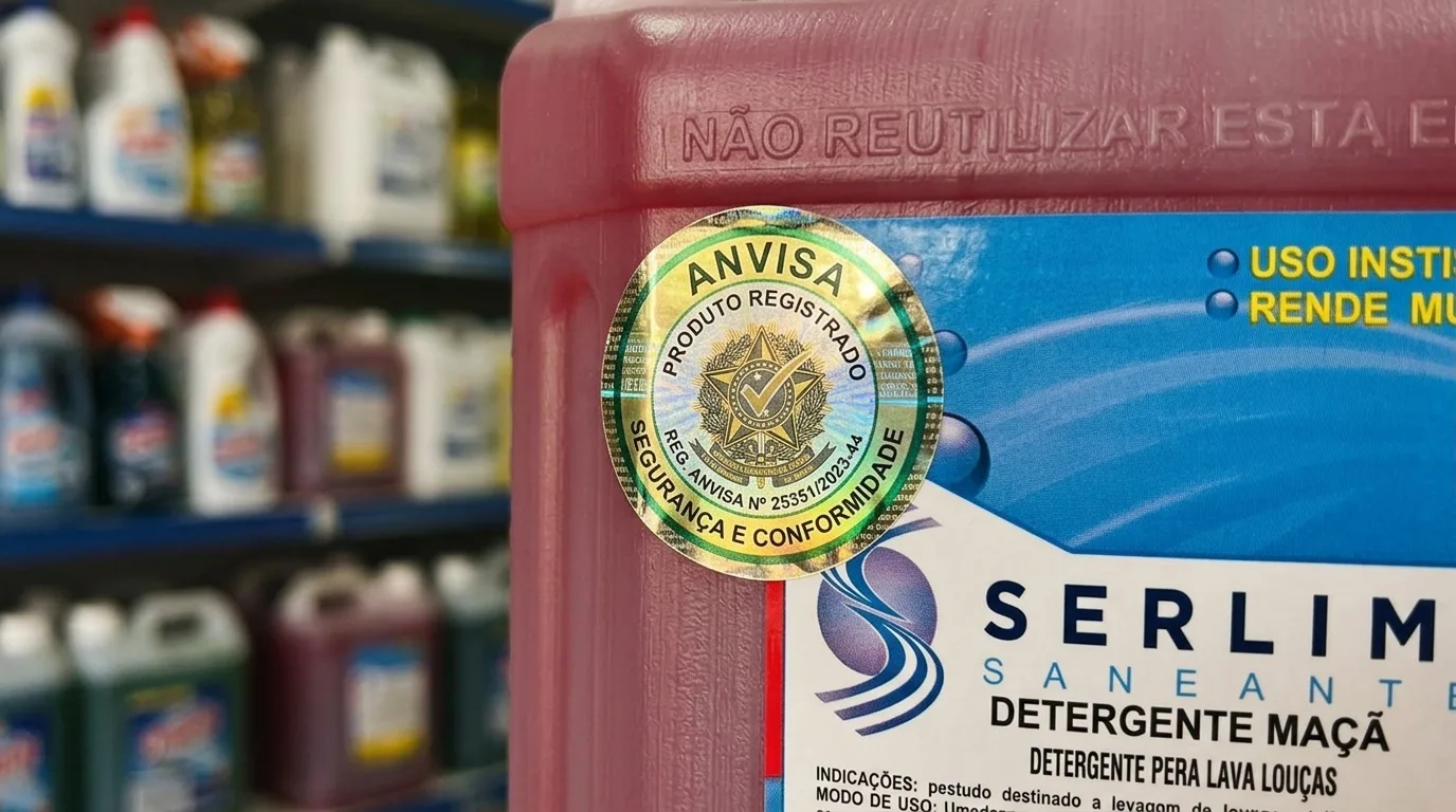 Selo ANVISA em destaque num galão de detergente profissional, com produtos de limpeza desfocados ao fundo